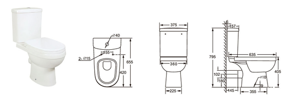 Wc de duas partes prolongado do toalete de Seat 655*375*795mm para o banheiro